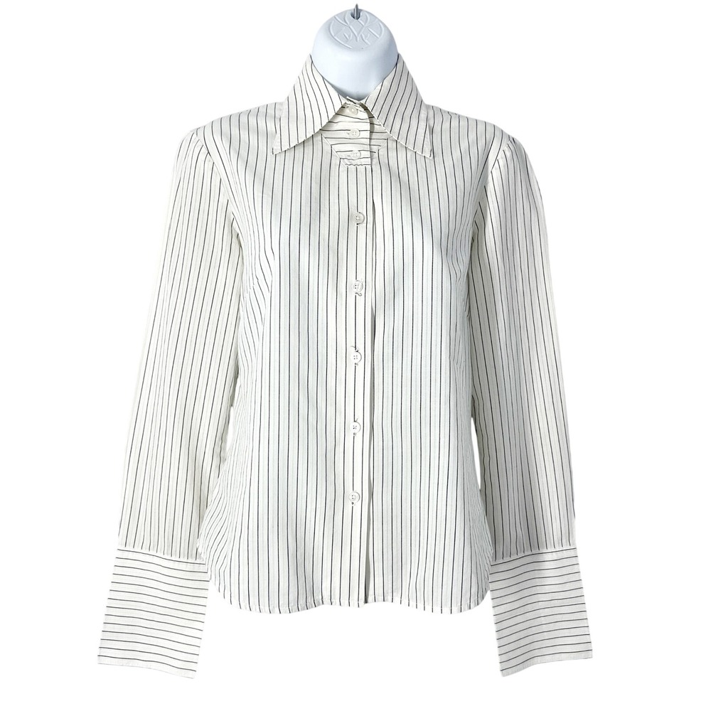 Vintage Jenne Maag Pinstripe Cream Tuxedo Button Down Shirt Women's Size 4P